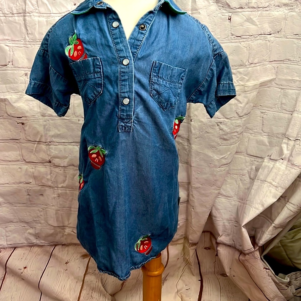 Paul Smith Junior Girls denim skull strawberry Dress Sz 4A designer cotton emo